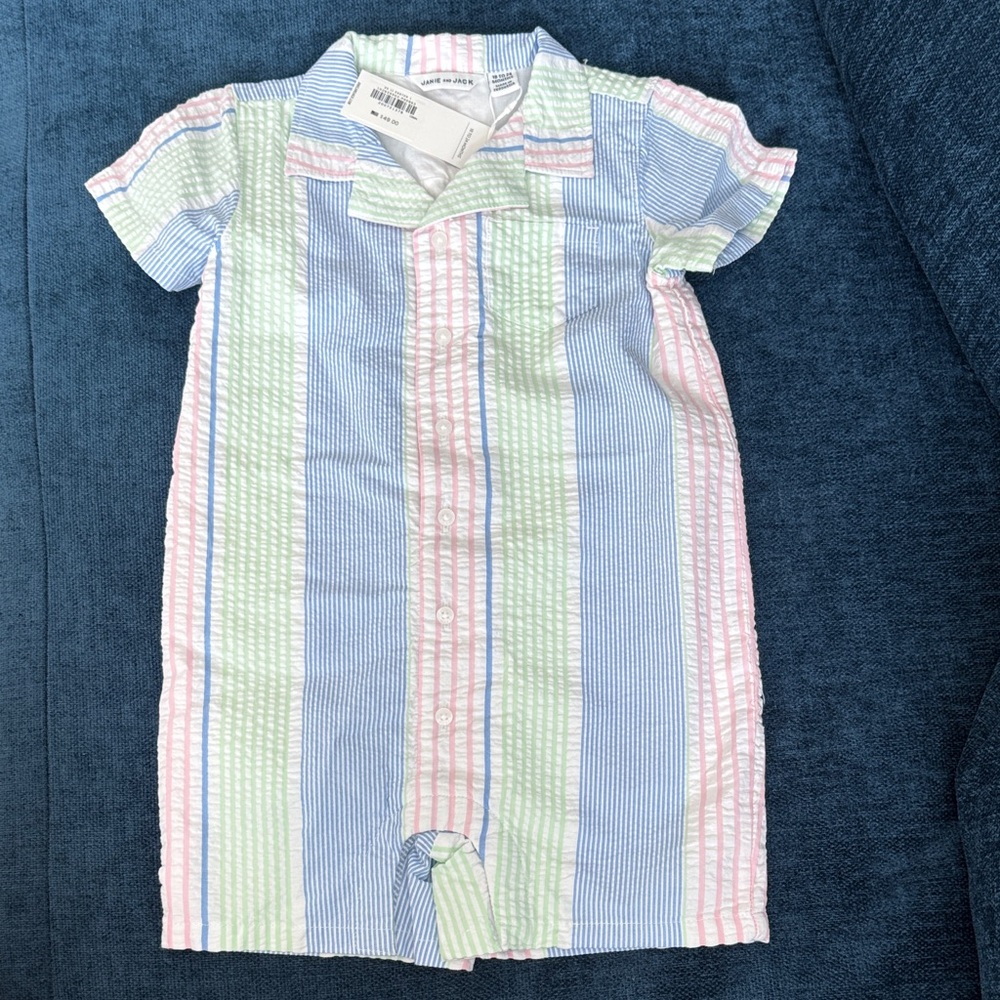 Janie and Jack Striped Seersucker Baby Romper in Pastel Colors, size 18-24 mos